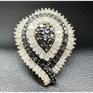 Vintage Sterling Silver Black White Halo Cluster Cocktail Ring Pear Statement‎ 7